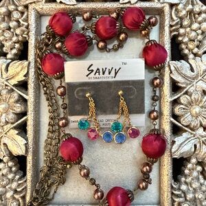 Vintage Red Ribbon Necklace & Savvy Multi Color Rhinestone Earrings